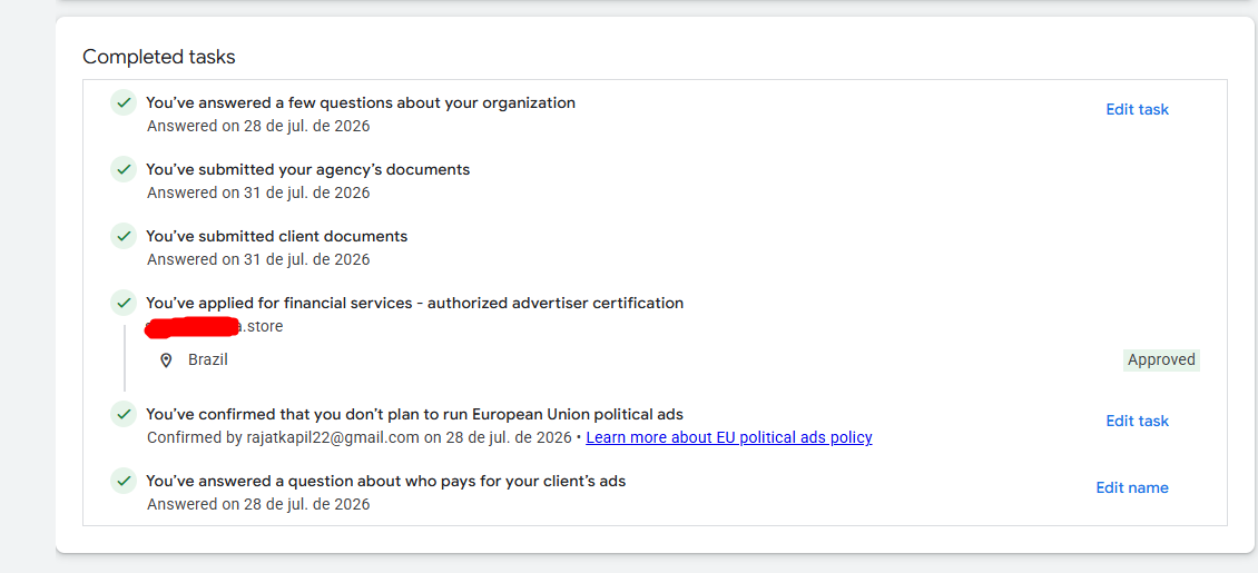 Conta Google Ads G2 verificada e aprovada no Brasil — tarefas de verificação financeira concluídas